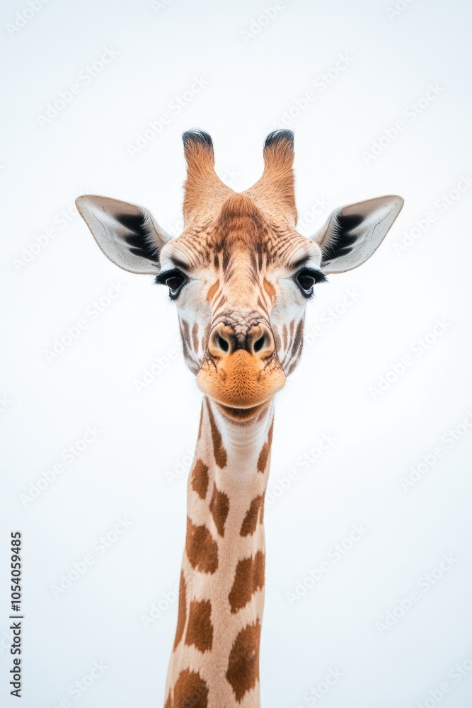 Obraz premium Giraffe is looking at the camera with its mouth open. The giraffe is the main focus of the image, and it is curious or playful. The white background adds a sense of contrast