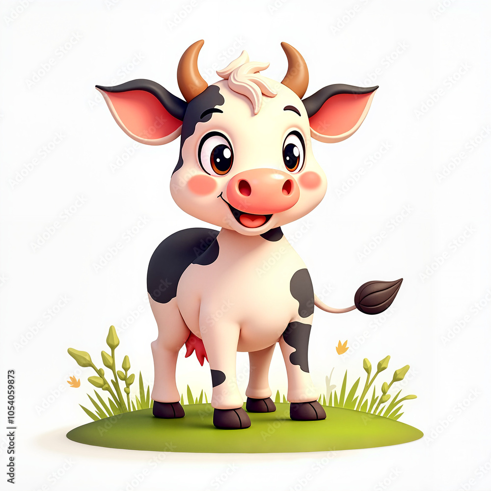 Fototapeta premium Cute Cartoon Cow with Cheerful Expression Standing on Grassy Patch