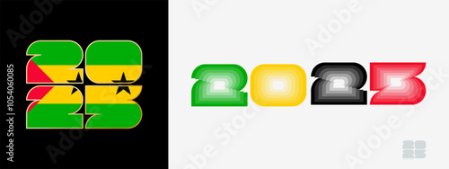 Year 2025 with flag of Sao Tome and Principe and in color palate of Sao Tome and Principe flag. Happy New Year 2025 in two different style.