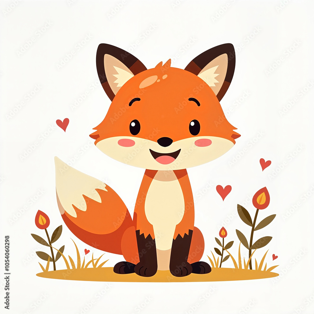 Obraz premium Cute Cartoon Fox with Happy Expression Sitting Amidst Hearts and Flowers