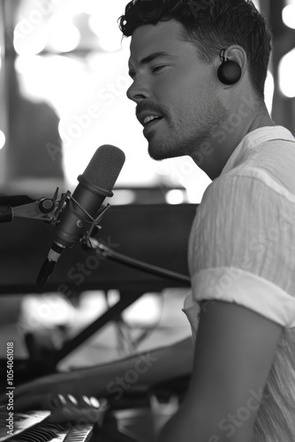 Hombre en un estudio de grabación Un hombre cantando en un micrófono en un estudio de grabación, con auriculares y mezcladores alrededor. photo