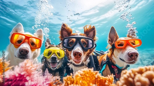 dogs wearing scuba gear, swimming underwater, surrounded by colorful coral reefs and marine life.