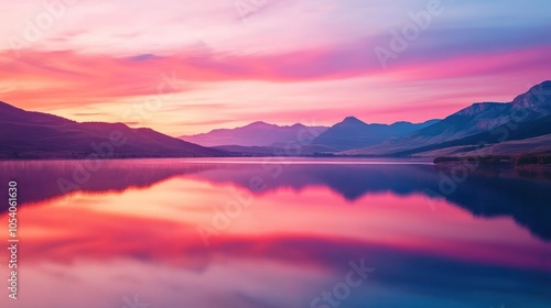 Wallpaper Mural A stunning sunrise over a still lake, casting a vibrant pink and orange glow on the water and surrounding mountains. Torontodigital.ca