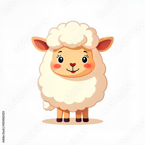 Cute Cartoon Sheep Smiling Cheerfully on White Background