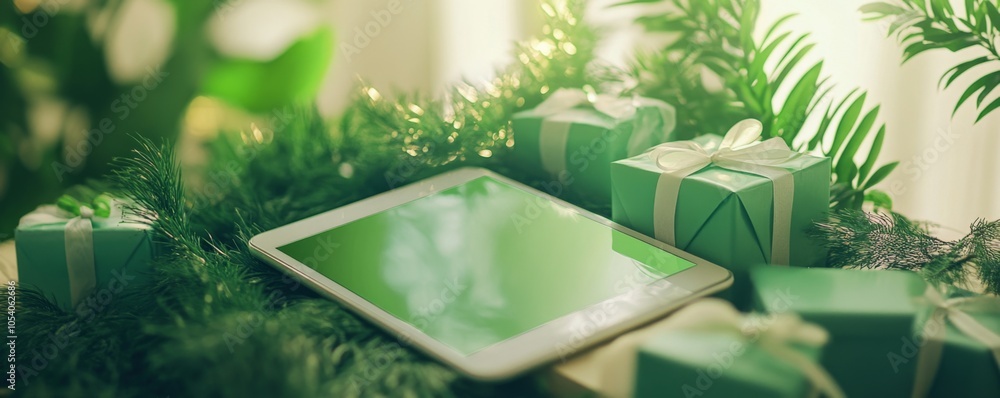 Obraz premium Eco-Friendly Tablet Display on a Green Background