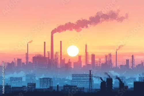 A stunning sunset over an industrial skyline, showcasing smokestacks and factories against a colorful sky.