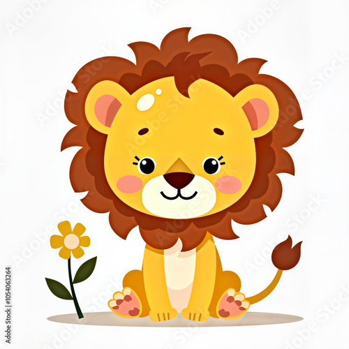 Cute Lion Cub Smiling Happily Next to Yellow Flower Against White Background