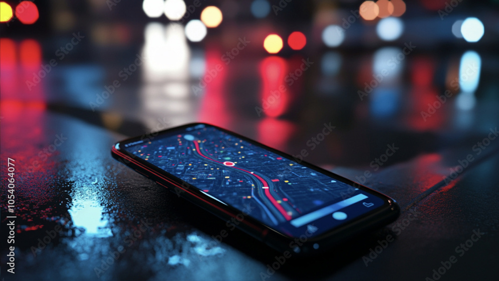 Smartphone with navigation app lying on wet urban surface at night with ...