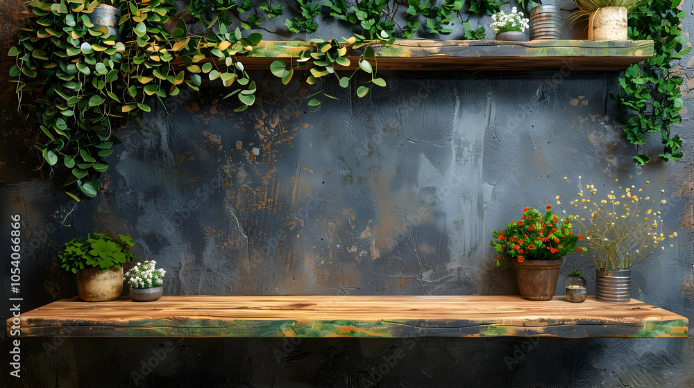 Empty wooden shelf on a dark textured wall with green plants and flowers. Empty wooden shelf on a dark textured wall with green plants and flowers.