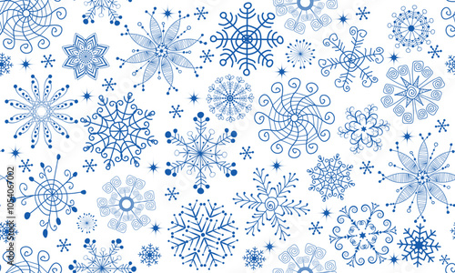 Vector seamless Christmas hand drown monochrome pattern with dark blue snowflakes and stars on a transparent background