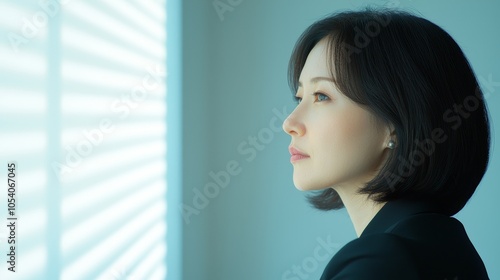 Free Download Contemplative woman gazing through slatted window light capturing a moment of reflection and serenity in a modern setting - GFXLoad