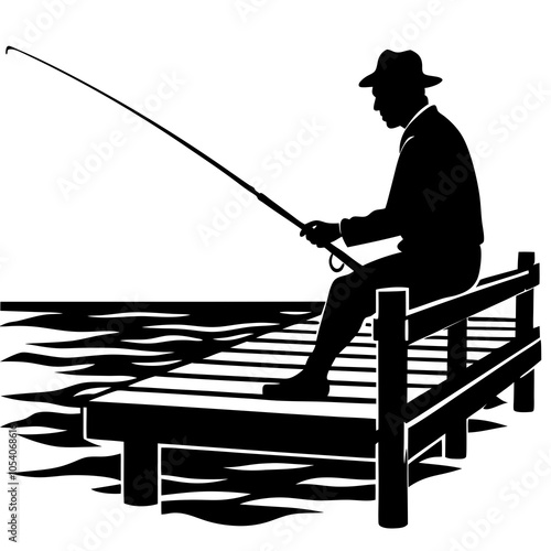 Silhouette of a Fisherman on a Lakeside Pier, White Background