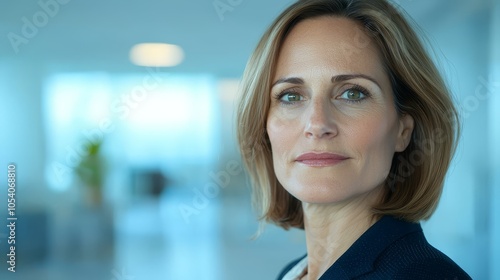 Confident businesswoman in modern office setting with natural light enhancing her professional persona