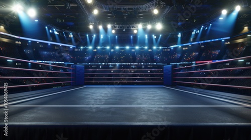 Professional boxing arena in lights 3d rendering