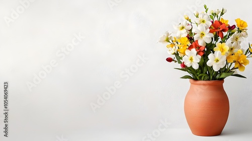 Wallpaper Mural Charming Terracotta Vase with Vibrant Freesia Bouquet on Light Background Torontodigital.ca