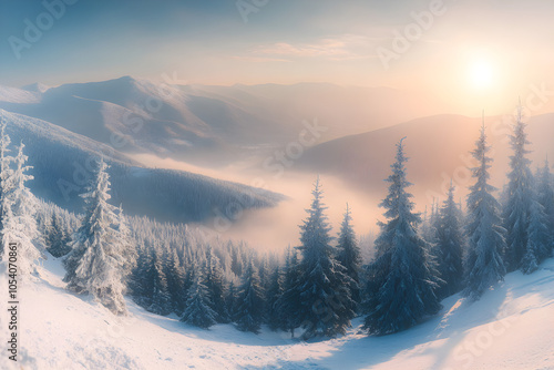 winter coniferous forest covered with snow in evening. AI generative. photo