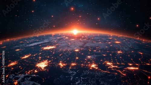 A view of Earth from space with a glowing sunrise and network lines.