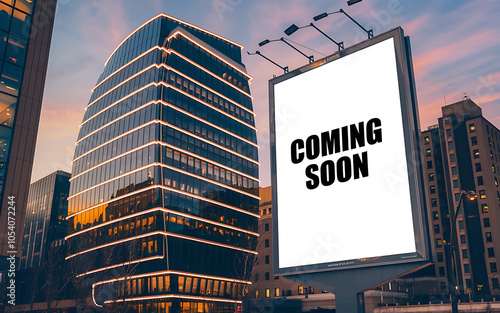 Blank billboard with  Coming Soon  text  urban building  blue and white  anticipation  new business  city skyline   