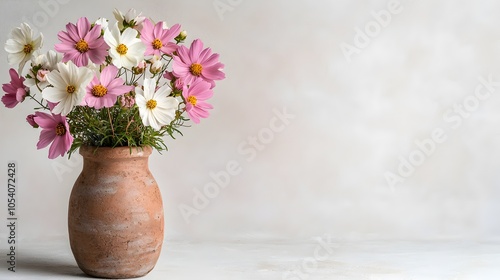 Wallpaper Mural Rustic Cosmos Flower Bouquet in Clay Vase on Light Background Torontodigital.ca
