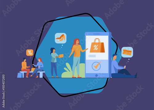 Customers with smartphones shopping online. Men and women buying goods at internet store sales. Vector illustration for e-commerce, security transfer payment concept