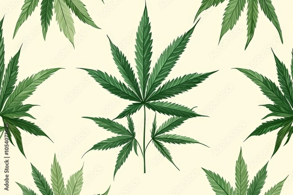 Repeating pattern of cannabis leaves in light green and cream tones arranged against a neutral background perfect for modern botanical wallpaper textiles or packaging designs Repeating pattern of cannabis leaves in light green and cream tones arranged against a neutral background perfect for modern botanical wallpaper textiles or packaging designs