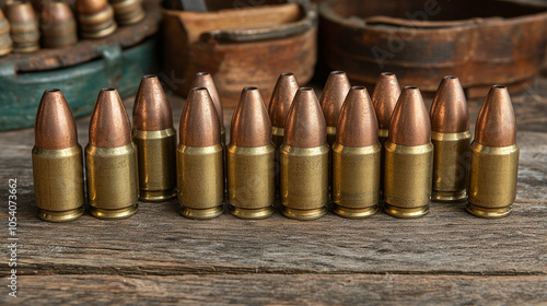 bullet shells of various sizes arranged on a dark surface, symbolizing themes of military power, defense, and the impact of conflict, with a focus on detail and texture photo