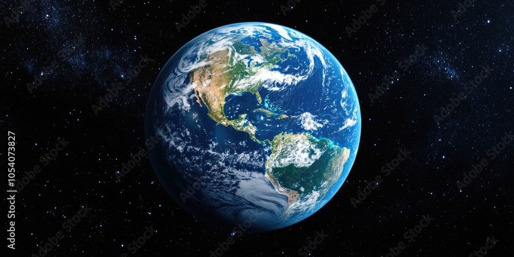 Obraz premium Large blue and white planet with a white cloud in the sky. The planet is surrounded by stars and the sky is dark
