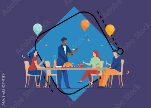 Family reuniting for holiday vector illustration. Happy friends or relatives having dinner together, celebrating Christmas, Thanksgiving or birthday. Family reunion, holiday, togetherness concept