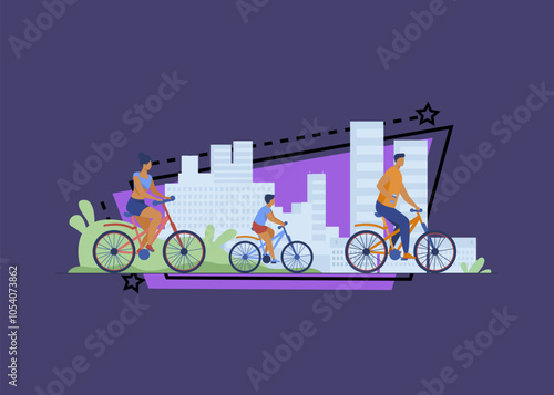 Family weekend outdoors. Man, woman, boy riding bikes in park. Parent couple cycling with son. Vector illustration for summer activity, leisure, recreation concept