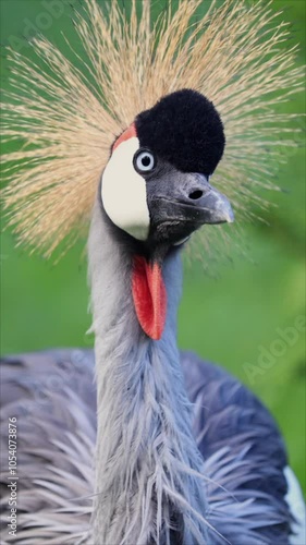 A Detailed Close-Up Of A Majestic Grey Crowned Crane, Showcasing Its Vibrant Plumage And Distinctive Crest Against A Lush Green Backdrop, Symbolizing Wildlife Beauty And Conservation Importance. Verti