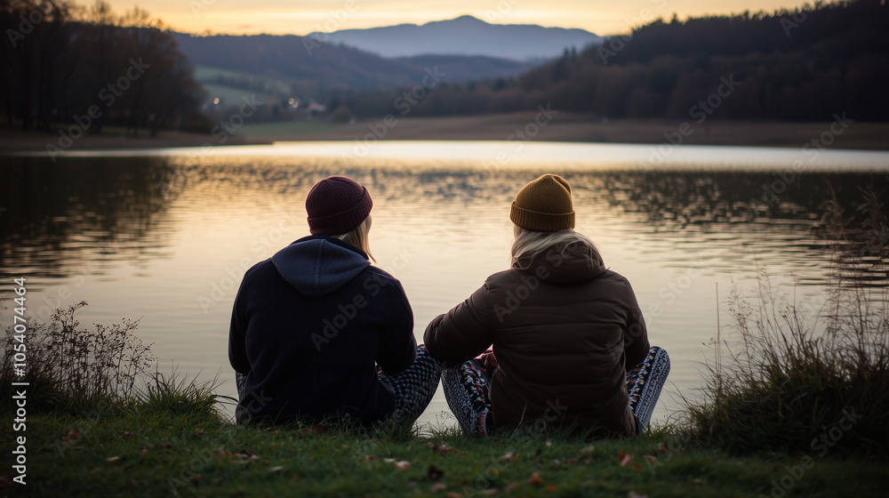 Fototapeta premium Golden Hour by the Lake: Friends Sharing Winter Moments