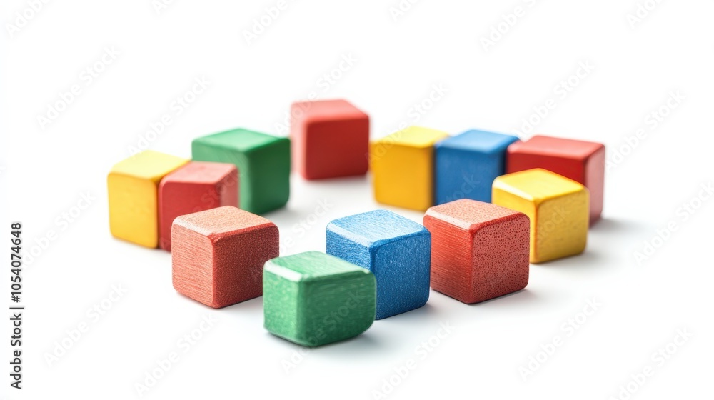 Fototapeta premium Colorful wooden toy blocks arranged in a circle on a white background, ideal for educational and creative projects and designs.