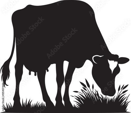 silhouette of dairy cow eating grass vector art illustration