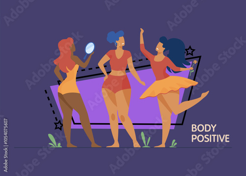 Happy girls admiring their bodies flat vector illustration. Body positive female characters smiling each other. Active women with plus size figures. Different beauty, fashion and healthy lifestyle