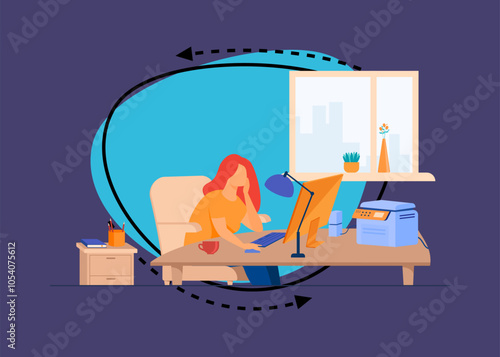 Home office set-up for remote work vector illustration. Woman working from home, using computer and printer on desk. Comfortable workplace with proper lighting and equipment. Self-employment concept