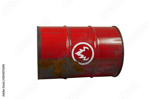 Red barrel or oil-drums with a flammable sign. Rusty dangerous barrel with fuel or crude oil on isolated background photo