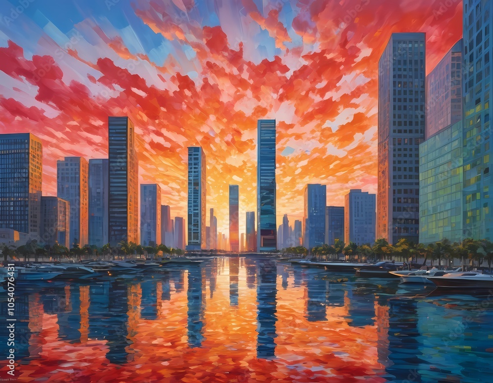 Fototapeta premium Stunning sunset reflects off modern buildings near a calm waterway in a vibrant urban landscape