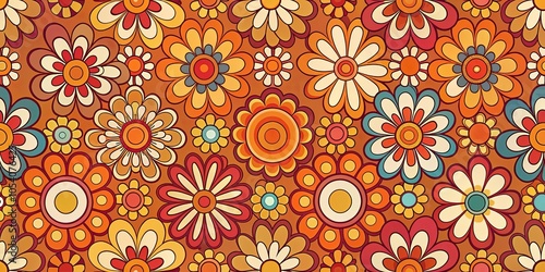 A Psychedelic Tapestry of Vividly Colored Flowers with Overlapping Petals and Concentric Circles on a Warm Brown Background