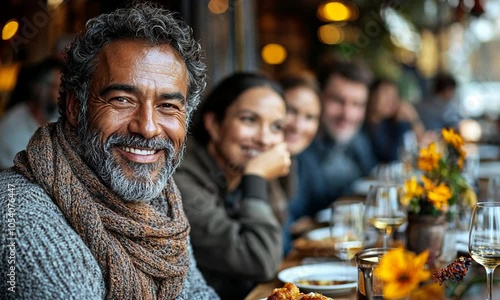 A joyful gathering of friends enjoying a meal together.