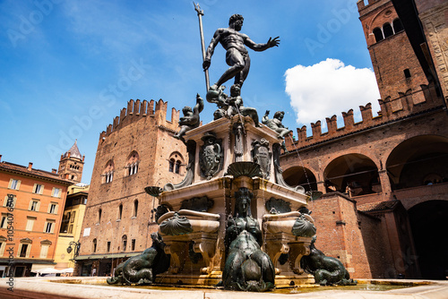 Neptune fountain, a renowned renaissance sculpture in bologna, Italy, stands before historic architecture