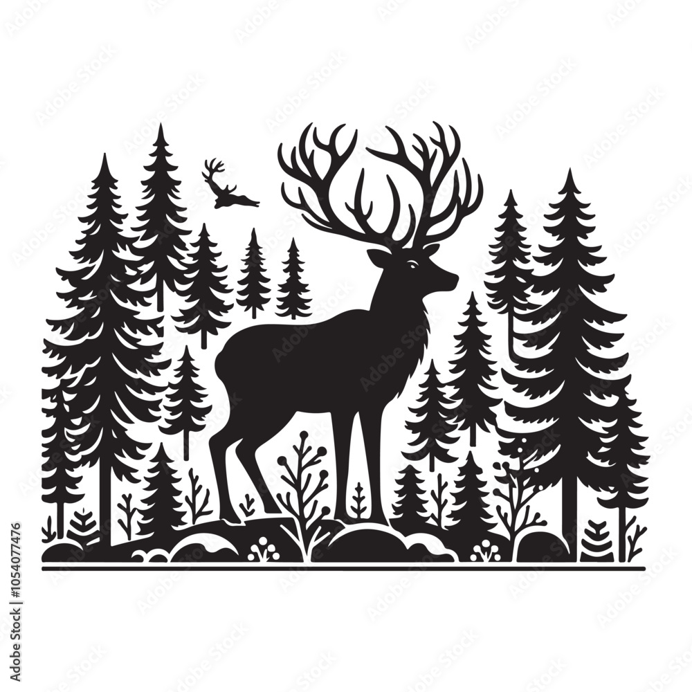 Obraz premium Silhouette of a deer in the forest. Winter Forest Wildlife silhouette vector on a white background