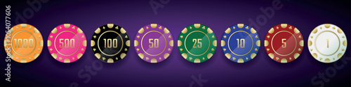 Casino Chips Set. Casino poker chips, plastic gambling coins. Roulette jackpot chips.