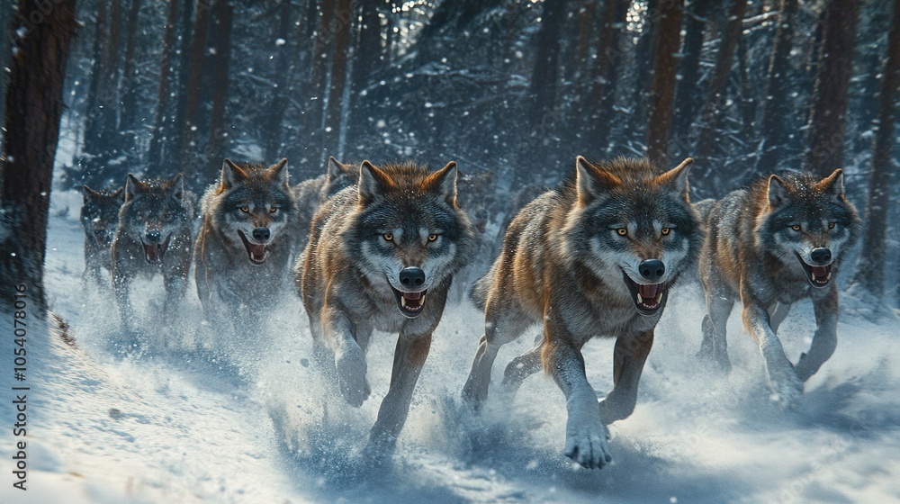 A pack of wolves running through a snowy forest, with their breath visible in the cold air A pack of wolves running through a snowy forest, with their breath visible in the cold air