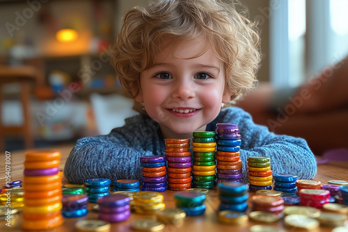 Child holding a colorful dreidel with gelt coins scattered on the table, celebrating Hanukkah. photo