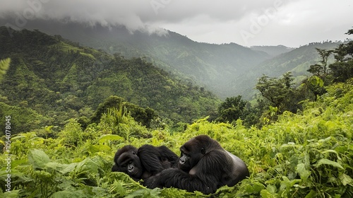 A pair of critically endangered mountain gorillas resting in the lush mountains of Central Africa photo