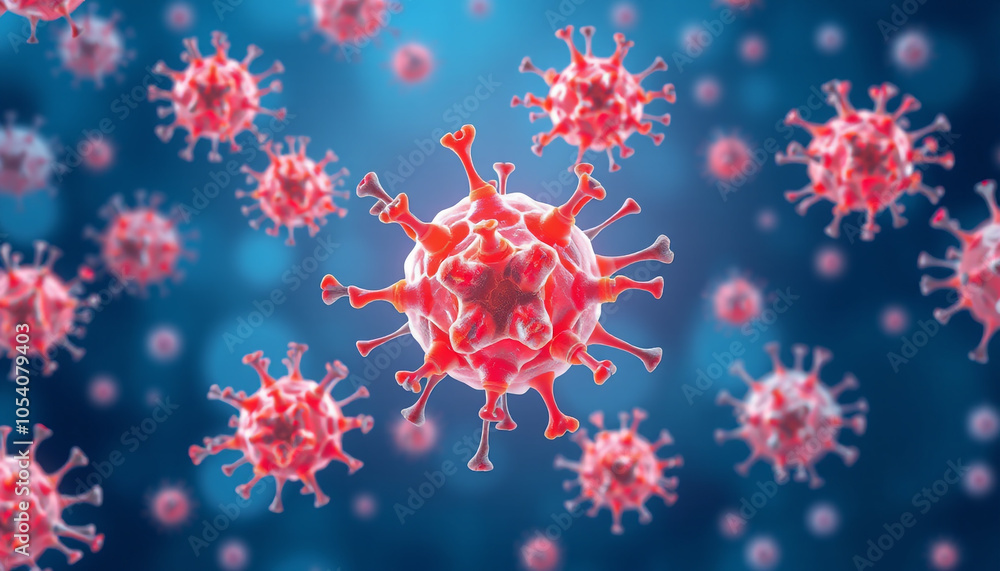 Abstract virus particles glowing in blue and red 3D visualization Abstract virus particles glowing in blue and red 3D visualization