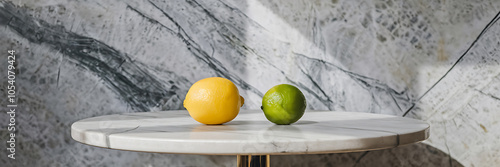 Yellow lemon and green lime on marble table  minimalist kitchen still life  fresh and clean   