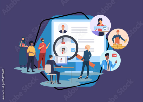 Multinational companies hiring refugees vector illustration. HR with magnifier searching for workers on screen, diverse people working as assistant, builder. Job creation, immigration concept