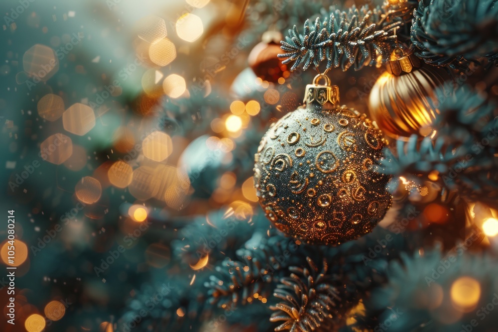 Obraz premium Festive Christmas tree adorned with golden Bitcoin ornament and lights, merging holiday cheer with modern cryptocurrency themes for a unique celebration