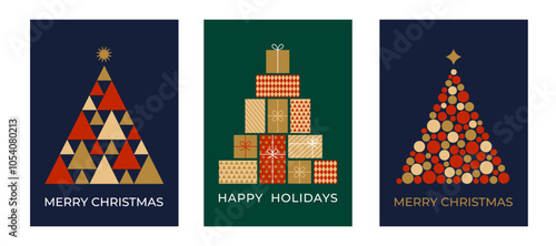 Set of Christmas greeting card with christmas tree made of triangles, circles and gift boxes. Template for winter holidays design. Vector illustration